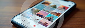 Close-up of smartphone screen showcasing a social media post template with replaceable elements and placeholders, social media, photo