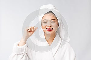 Close up of Smile woman brush teeth. great for health dental care concept, Isolated over white background. asian.