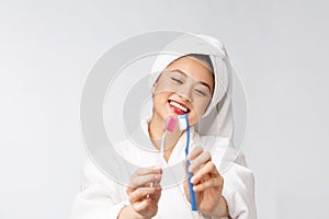 Close up of Smile woman brush teeth. great for health dental care concept, Isolated over white background. asian.
