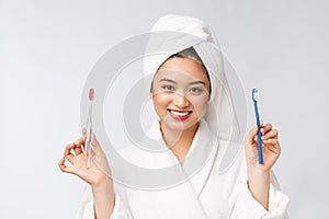 Close up of Smile woman brush teeth. great for health dental care concept, Isolated over white background. asian.