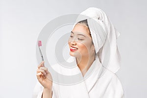 Close up of Smile woman brush teeth. great for health dental care concept, Isolated over white background. asian.