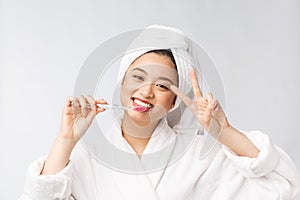 Close up of Smile woman brush teeth. great for health dental care concept, Isolated over white background. asian.