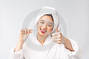 Close up of Smile woman brush teeth. great for health dental care concept, Isolated over white background. asian.