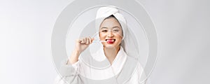 Close up of Smile woman brush teeth. great for health dental care concept, Isolated over white background. asian.