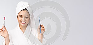 Close up of Smile woman brush teeth. great for health dental care concept, Isolated over white background. asian.