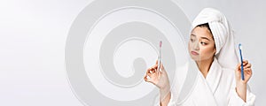 Close up of Smile woman brush teeth. great for health dental care concept,  over white background. asian.