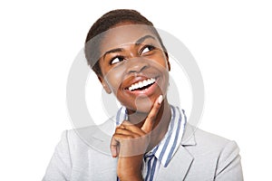 Close up smiling african american woman looking up