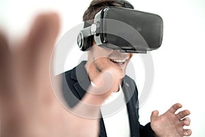 Close up.smiling businessman in virtual reality helmet