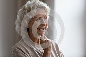 Close up smiling dreamy mature woman thinking about good future