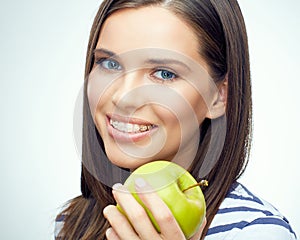 Close up smiling face portrait of young woman with braces on tee