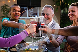 Close-up of smiling, happy friends having fun, toasting with wine and beer during garden dinner party at night.