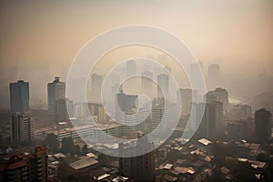 close-up of smoggy city skyline with buildings and structures visible