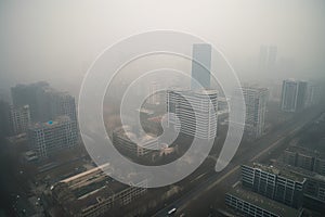 close-up of smoggy city skyline, with tall buildings obscured by toxic haze