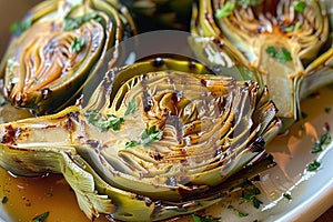 Close up of smoked grilled artichokes on a plate Traditional cuisine of Naples, Italy.