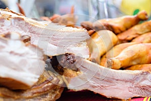 Close up smoked meat in supermarket