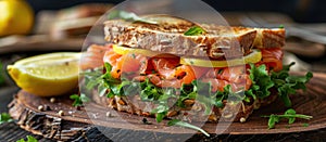 Close-Up of Smoked Salmon Sandwich on Wooden Plate