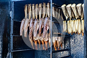 Close up of smokers or roasting ovens with different types of fish being smoked