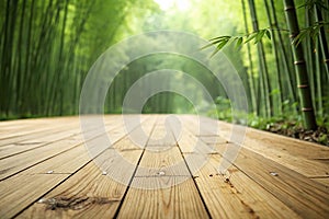 Close Up of Smooth Wooden Bamboo Floor with Blurred Green Background photo