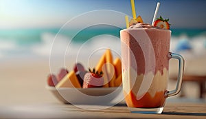 Close up of smoothie frappe fruits juice with other fruits, strawberries, orange, pineapple, sorbet, and peach on wooden table at