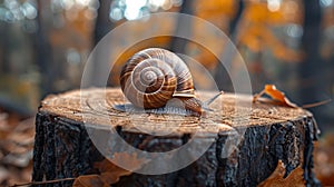 Close up of snail crawling on wooden stump in forest, time lapse movement accelerated photo