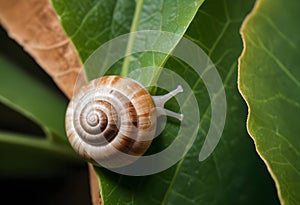 A close-up of a snail shell on a green leaf