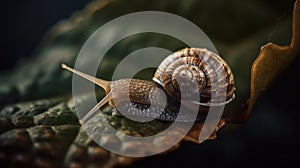 close-up of a snail slowly crawling on a leaf.