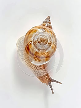 Close-up of a snail with a translucent, golden brown shell on a white background.