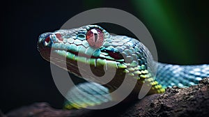 a close up of a snake on a branch with a dark background