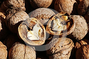 Close-up snapshot of pile of walnuts