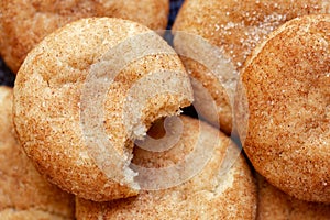 Close-up of Snickerdoodle cookies with a bite