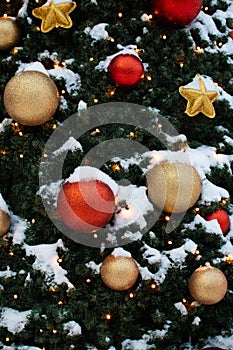 Close up of a Snow-covered Colorful Christmas Tree Decoration