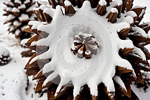 Close-up of a snow-covered pinecone
