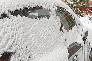 Close-up of snow-covered side Windows of a car