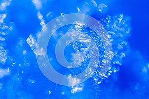 Close up of snow crystals illuminated by blue sunlight. Winter background. Macro of real snowflake: large stellar