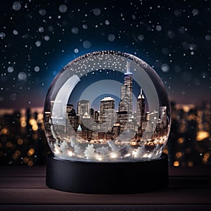 Close up of a snow globe with a cityscape of downtown Chicago with bokeh effect. City at night with snow