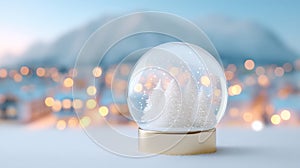 Close-up of a snow globe featuring a white snow-covered tree inside on a white background.