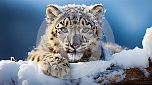 Close up of snow leopard laying in the snow. Generative AI
