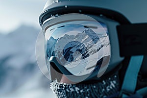 Close up of snowboarder mask in which you can see the reflection of beautiful snow-capped mountains