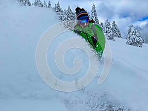 CLOSE UP: Snowboarder sprays fresh powder while carving down ungroomed slope. photo