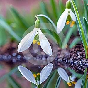 Close-up of Snowdrop Flower Reflection