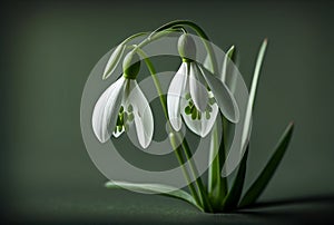 Close up of Snowdrop flowers on green background with copy space.