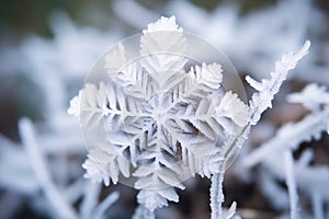 close-up of a snowflake-covered pine cone in winter