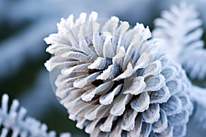 close-up of a snowflake-covered pine cone in winter