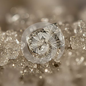 Close-up of a snowflake displaying intricate symmetrical patterns and hexagonal