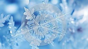 Close-up of snowflake ice crystal. Blurred snow falling on frozen ground on background. Nature blue background.