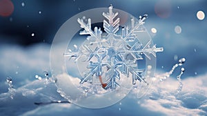 Close-Up of Snowflake on Natural Snowdrift - Christmas and Winter Background AI Generated