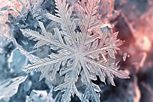 A close up of a snowflake on a tree. Generative AI image.