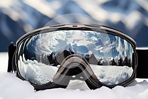 close-up of snowflakes on black ski goggles against glacier backdrop