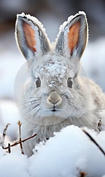 This close-up of the snowshoe hare is perfectly camouflaged in the winter coat adaptation of Alaskan wildlife