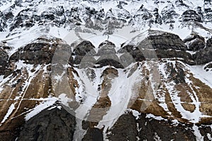 Close-up of a snowy mountain. Northern landscape texture. Norway, Svalbard.